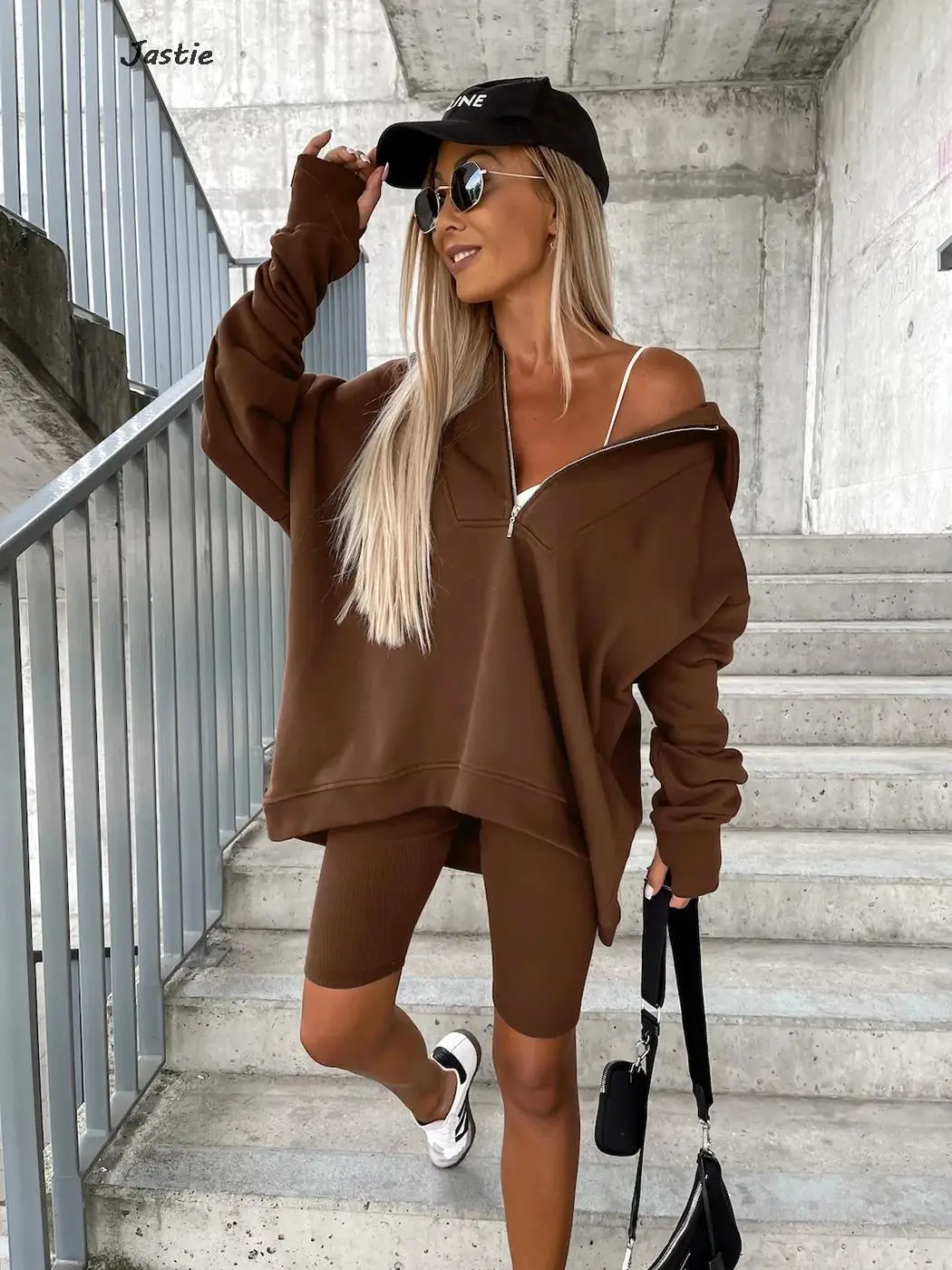 

Однотонный Повседневный Спортивный костюм, женский осенний винтажный свободный свитер на молнии и юбка, женский спортивный костюм, новинка 2023