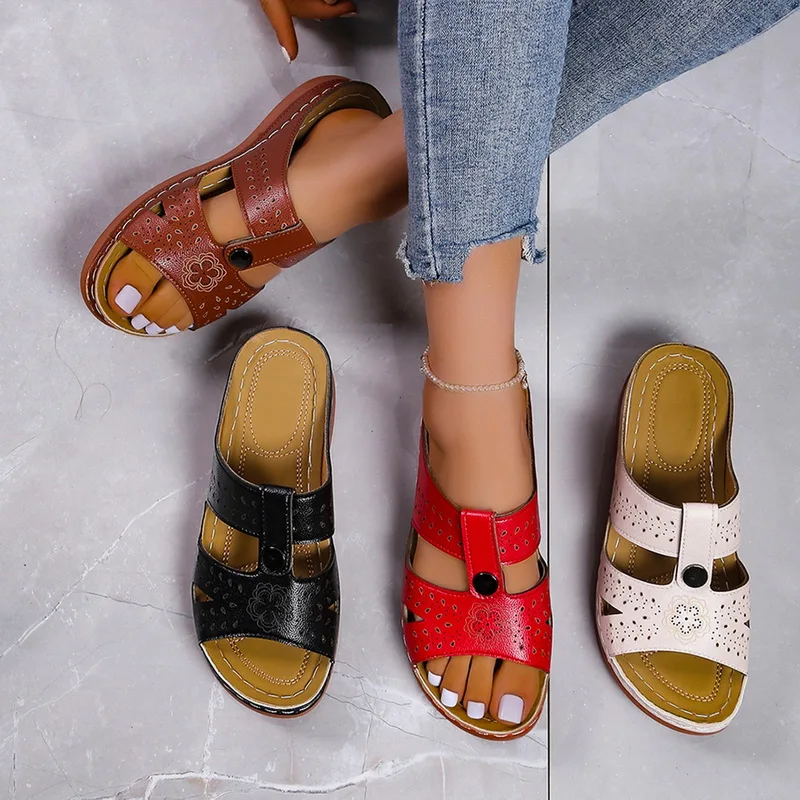 Шлепанцы женские в этническом стиле пляжные сандалии на плоской платформе с