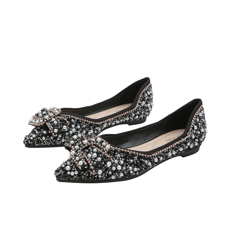 Sequins Beads Ballets Womens Shoes Bowknot Flats Pointed Toe Ladies Office Work Moccasins Shallow Chain Zapatos De Mujer Loafers