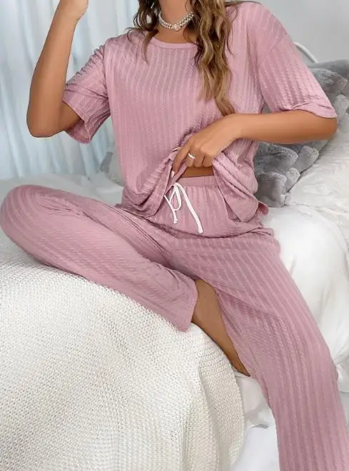 

2023 Summer Women Fashion Casual Two-Piece Regular Round Neck Long Sleeve Top Drawstring Cable Textured Home Pajamas Set