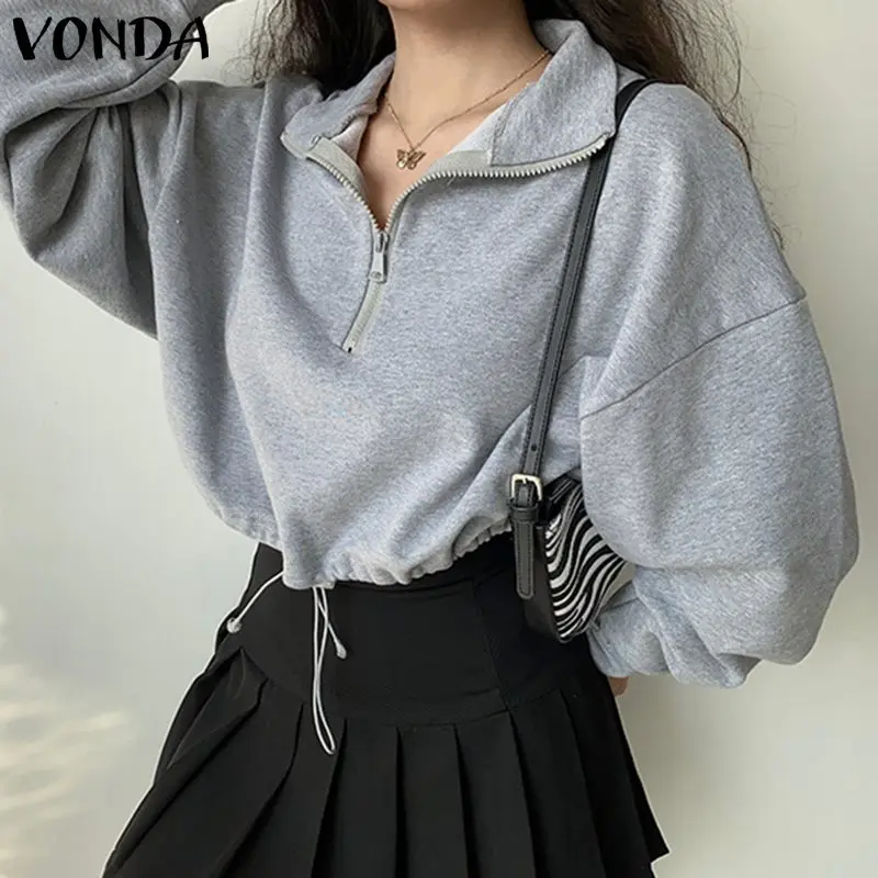 

Осенний укороченный топ, женские рубашки с длинным рукавом 2022 VONDA, элегантная однотонная женская блузка с завязкой на талии и отложным ворот...