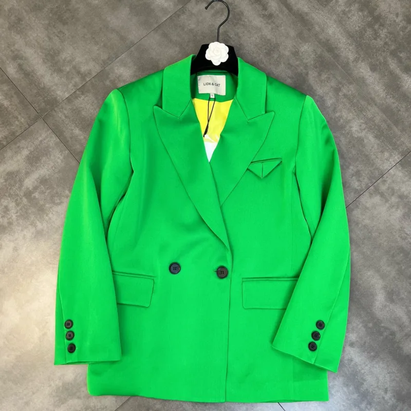 

PREPOMP 2022 Spring New Arrival Long Sleeve Notched Collar Double Breasted Buttons Green Loose Blazer Women Jacket GD915