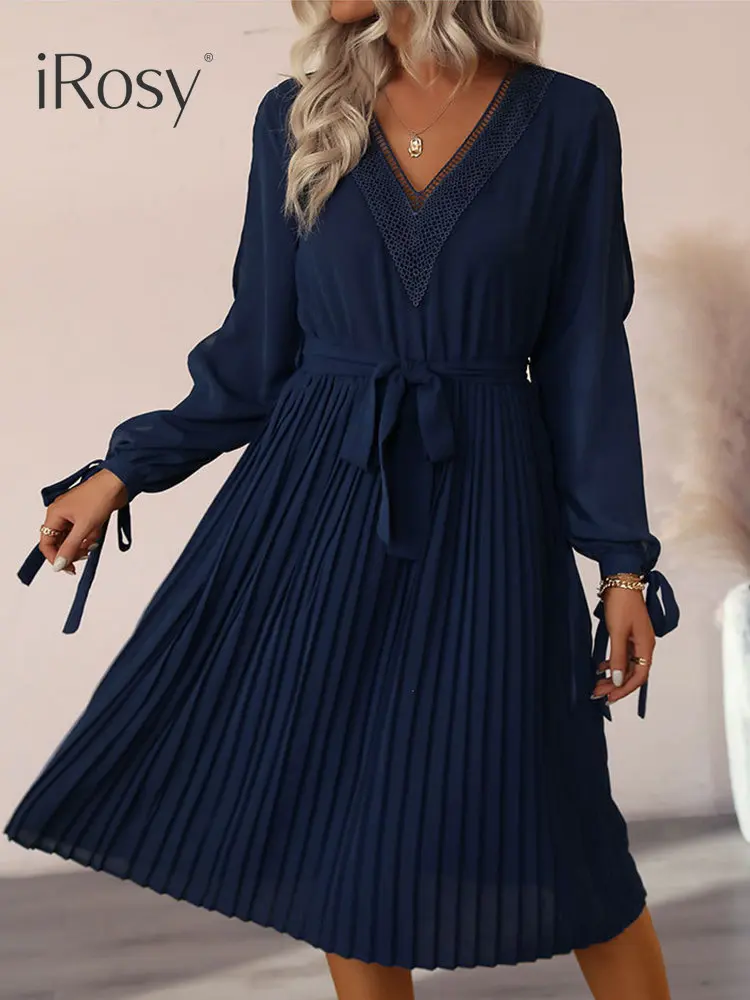 

Spring Summer Long Sleeve Mid Formal Occasion Dresses for Women Chic and Elegant Midi Pleated Dress with Belt Female Clothing