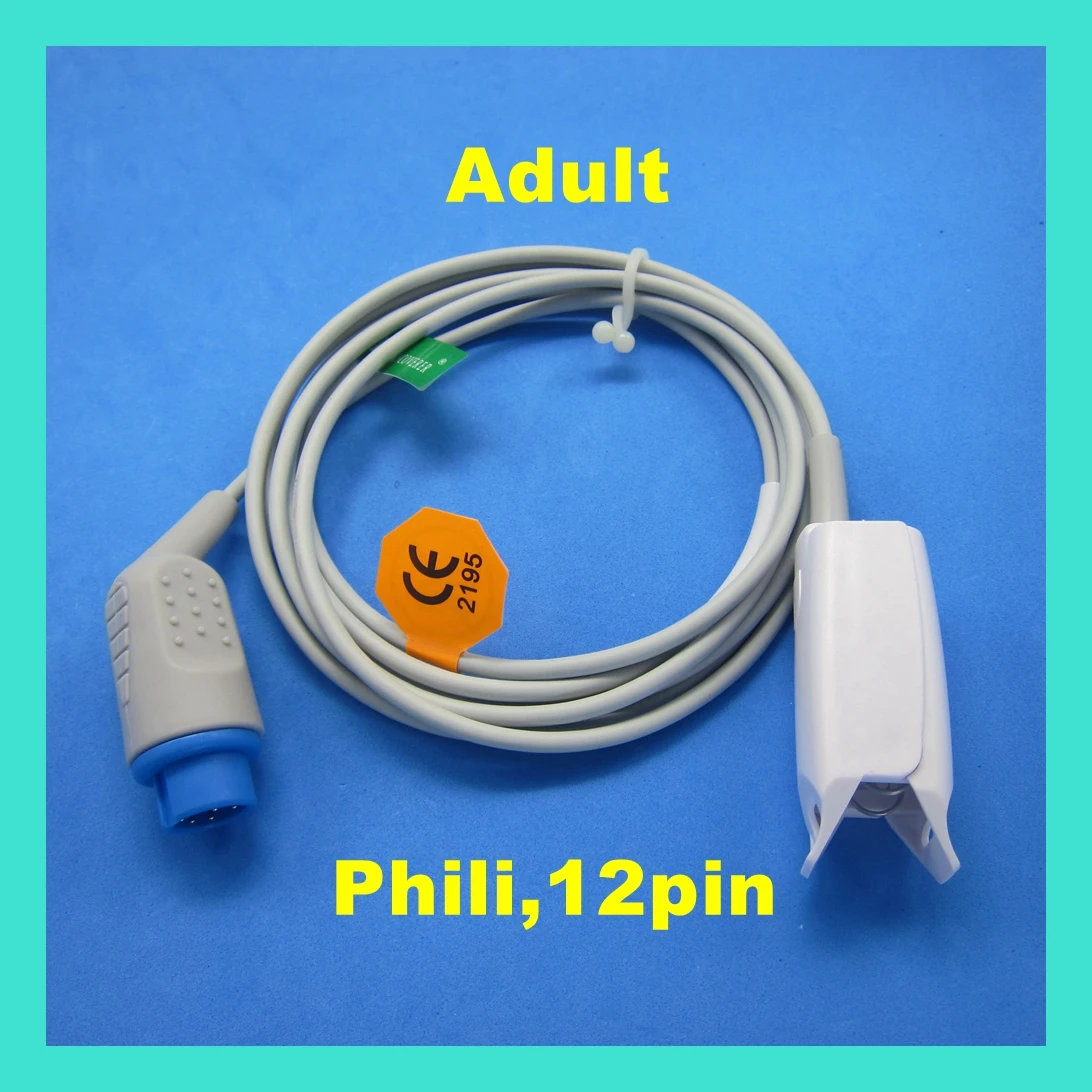 

Adult for Phili,12pin Patient Monitor Finger Clip Ear Clip Silicone Long Cable Separated Reusable Spo2 Sensor Oxygen Sensor
