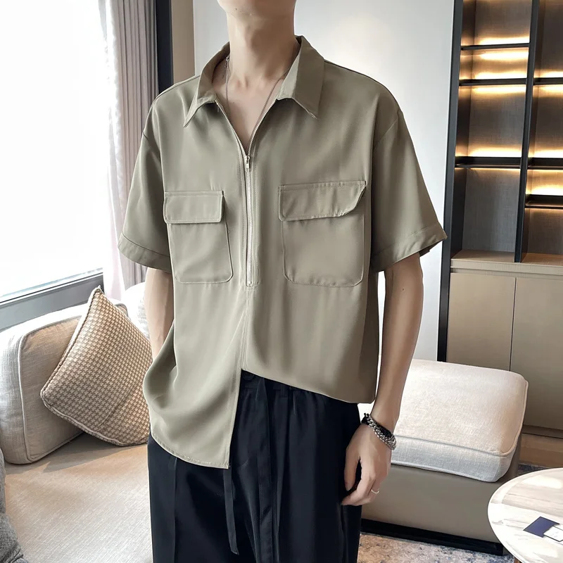 

Summer Pullover Shirt Men Fashion Oversized Ice Silk Shirt Men Korean Loose Short Sleeve Shirt Mens Solid Color Zipper Shirts