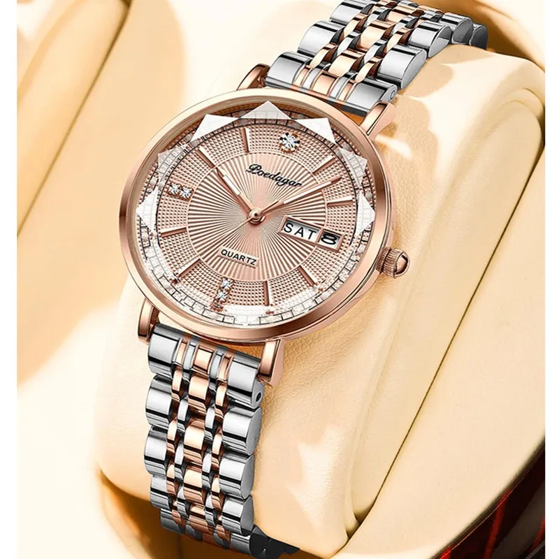POEDAGAR Women Watch Rose Gold Fashion Quartz Watches Top Brand Luxury Ladies Wristwatch Waterproof Date Week Girlfriend Gift