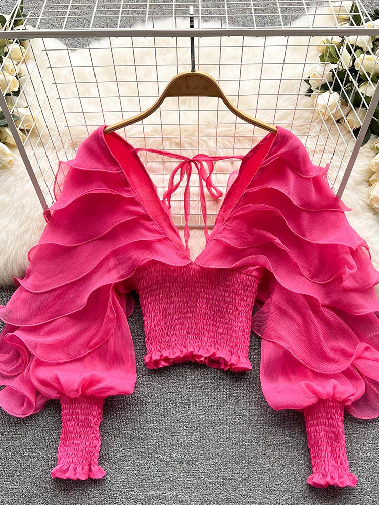 

Sexy Deep V-Neck Ruffle Irregular Blouse Women Autumn Lantern Long Sleeve Backless Bandage Shirt Female Black/White Short Tops