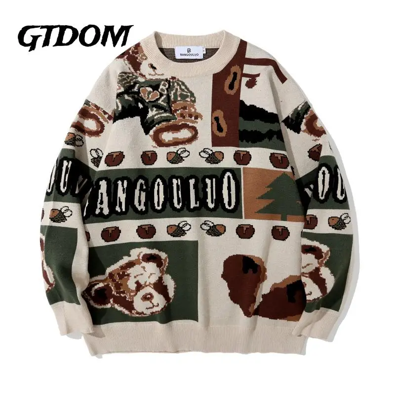 

GTDOM 2022 Autumn Winter Loose Sweater Cotton Vintage O-Neck Long Sleeve Chic Pullovers Japanese Style Casual Men Clothing