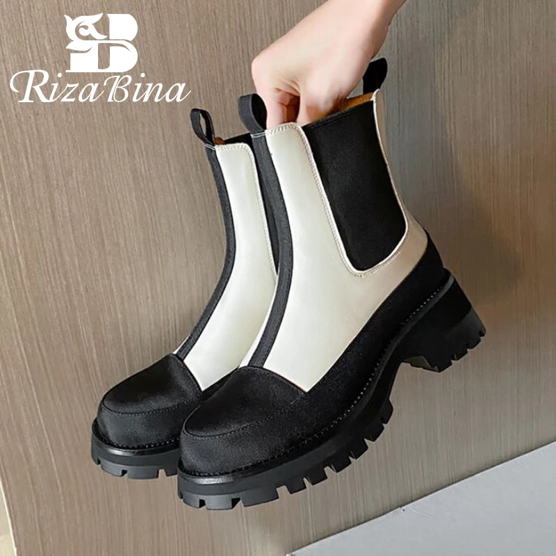 

RIZABINA New Arrivals Women Ankle Boots Real Leather Mix Color Woman Shoes Winter Chunky Ins Short Boots Footwear Size 33-40