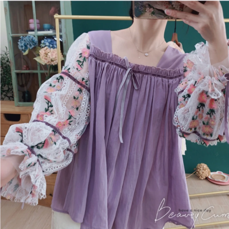 Spring Summer Women Japan Mori Kei Girls Sweet Girly Floral Embroidery Loose Plus Size Embroidered Purple Chiffon Shirts/Blouses