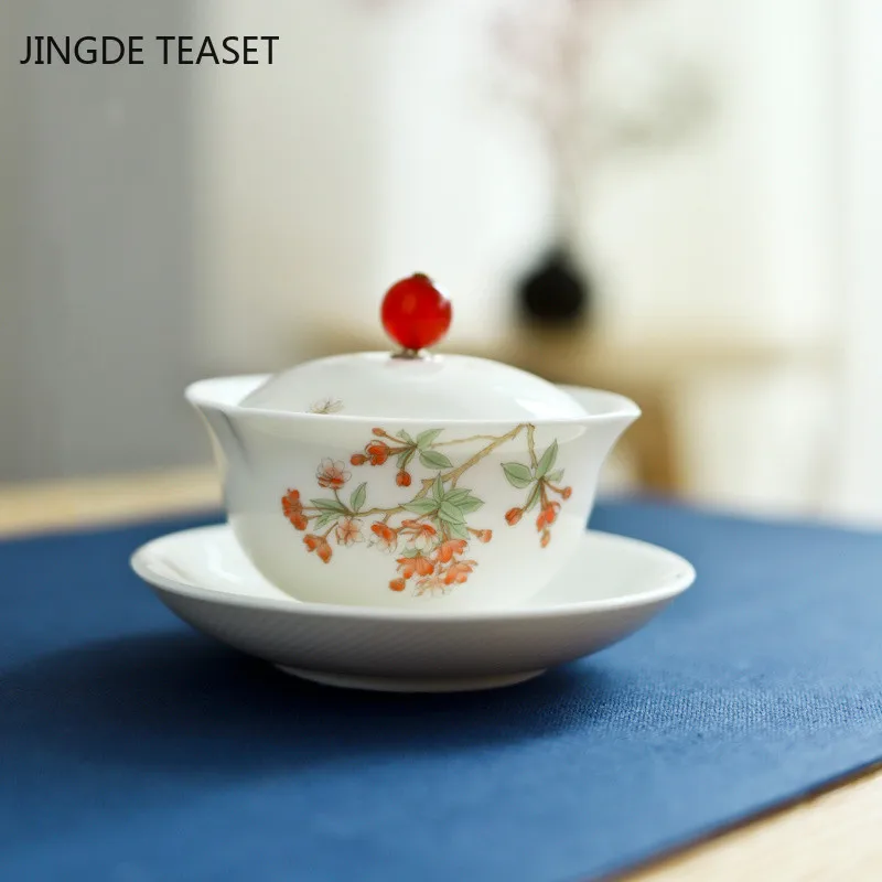 

Hand Painted Suet Jade White Porcelain Gaiwan Teacup handmade Ceramic Tea tureen Chinese Teaware Accessories Drinkware