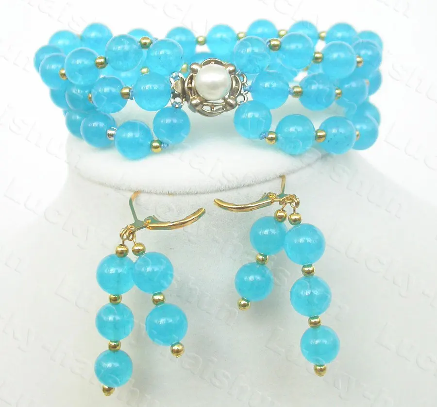

Natural 20cm 8mm 3row Round Sky-blue Jade Bracelet Earrings Set C844 Bracelet For Women Mens Bracelet