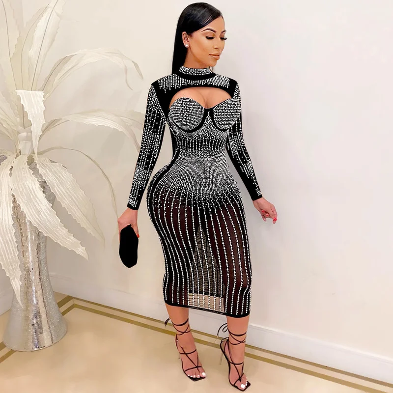 

WUHE модное платье миди с ложным воротником и кристаллами, женское блестящее Сетчатое платье, женская одежда на день рождения, сексуальная клубная одежда
