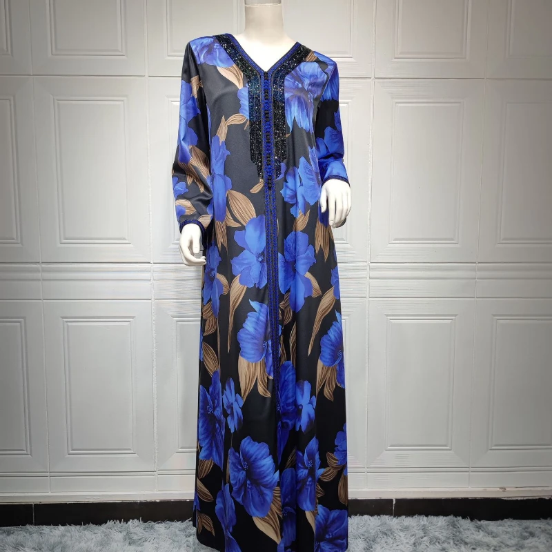 Muslim Clothing Islamic Women Turkey Dubai Abaya Dress Long Sleeve Blue Flower Print Rhinestone Moroccan Loose Fashion Kaftan