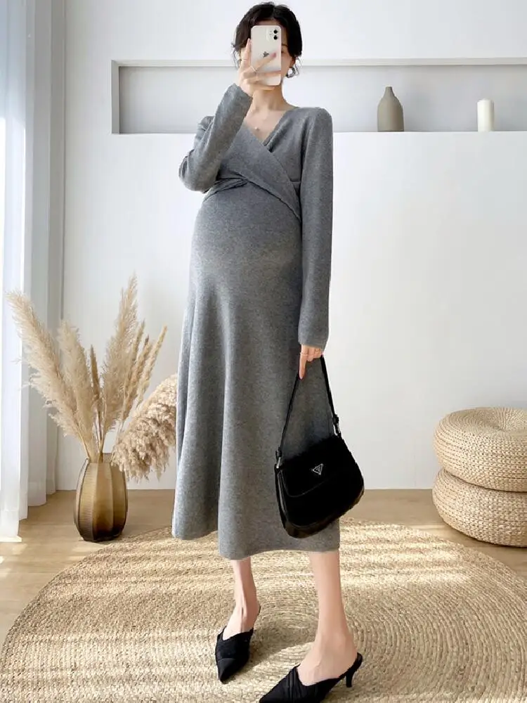 

Autumn Knitted Maternity Elasticity Dresses Pregnant Clothes Photography Photo Shoot Maternity Gown Pregnancy Dress Long Sleeve