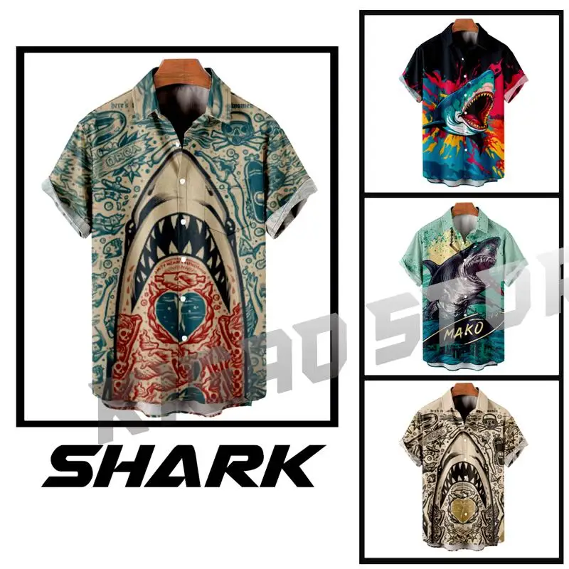 

Hawaiian Casual Shirt Short Sleeve Vintage Shirt For Men Shark Pattern Harajuku Y2k Fashion Gothic Streetwear Cozy Clothes Top