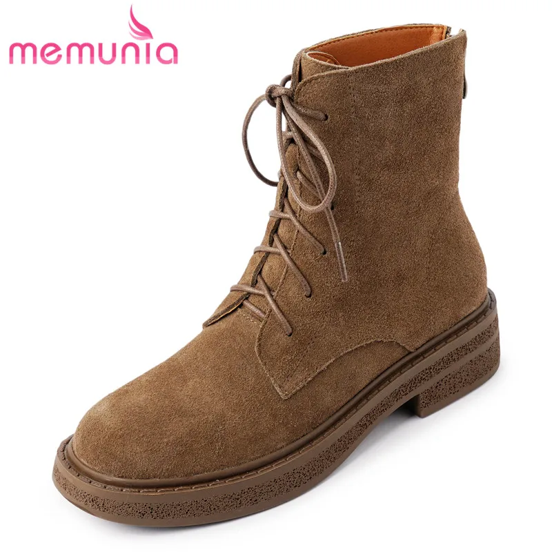 

MEMUNIA 2023 New Narrow Band Square Med Heels Shoes Cool Ladies Zipper Ankle Boots Women Cow Suede Leather Winter Boots