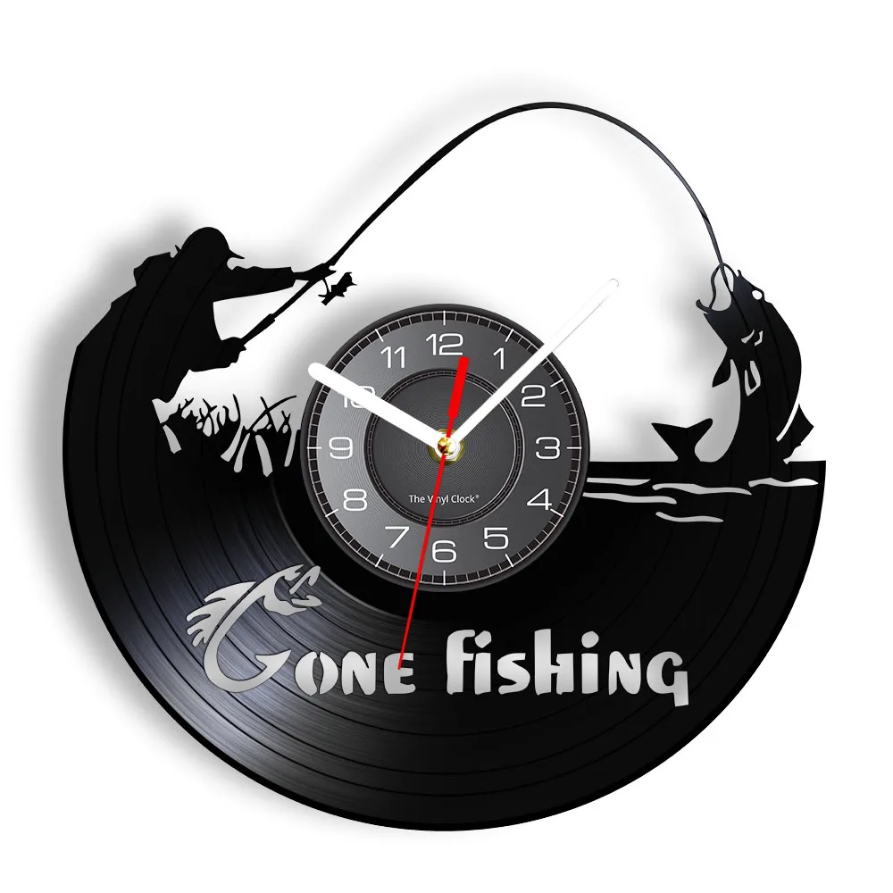 

Gone Fishing Wall Art Sign Fish Rod Fisherman Wall Clock Interior Fishing Vinyl Record Wall Clock Handmade Gift For Fishermen
