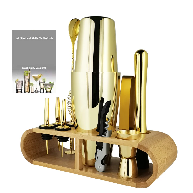 

Bar Shakers Set Gold Boston Cocktail Shaker Bartenders Barware 1-12Pcs 800/600ml Tools Wine Pourer Accessories With Bamboo Stand