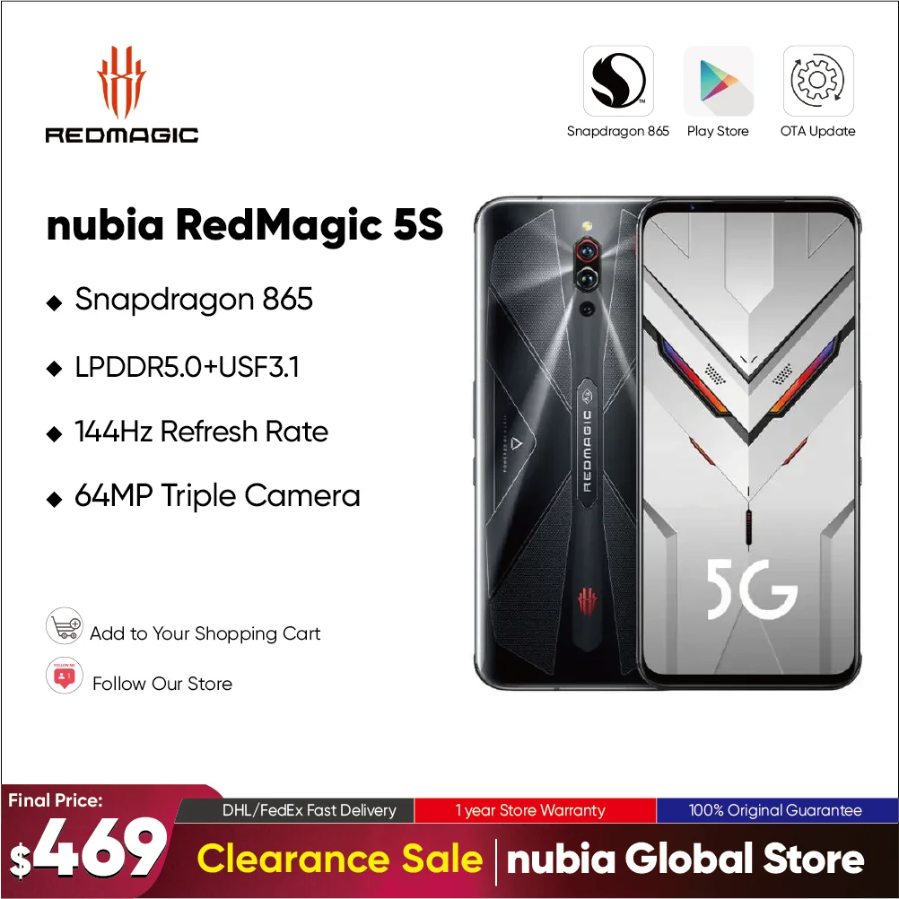 

Global Version Nubia Red magic 5S Gaming Smartphone Redmagic 5S 5G Game Mobile Phone Snapdragon 865 NFC 6.65" 144HZ