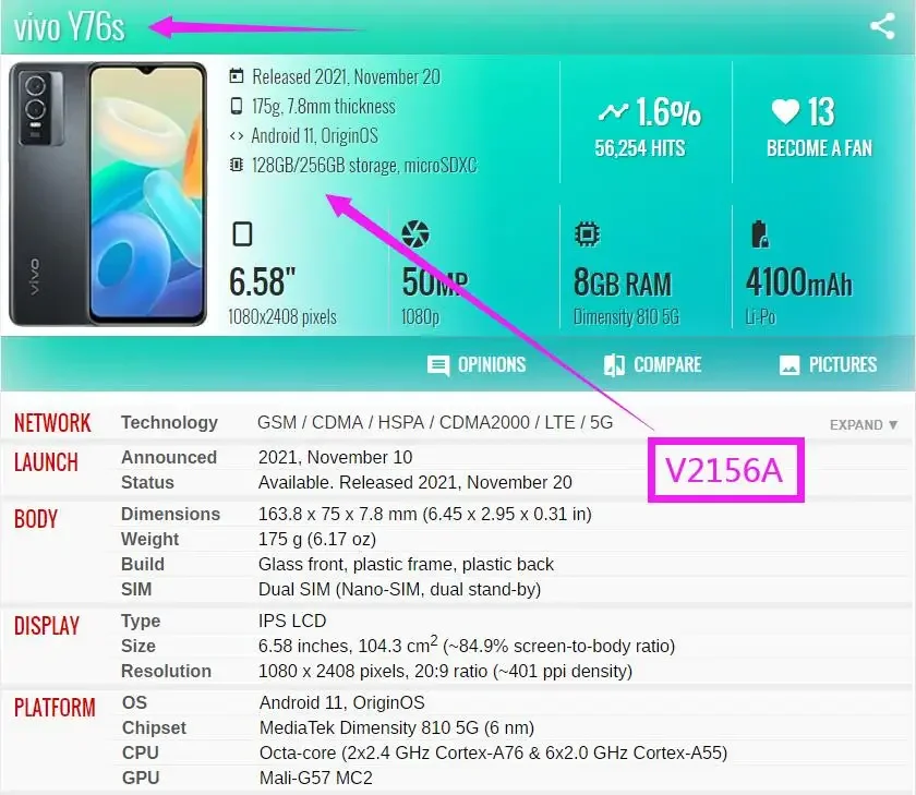 6 58-дюймовый ЖК-дисплей для Vivo Y76s V2156A сенсорный датчик дигитайзер в сборе