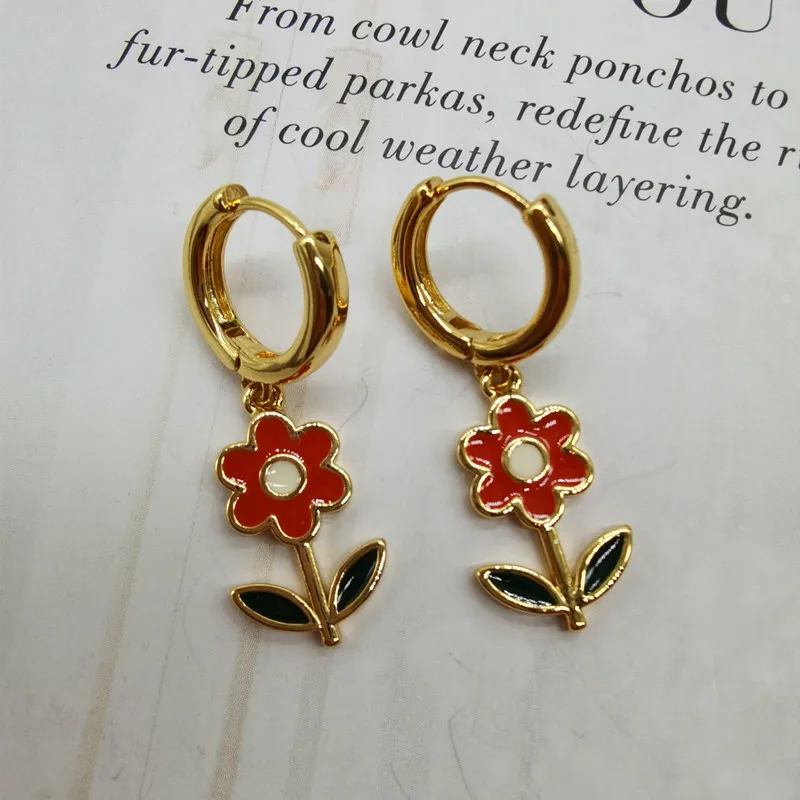 

Европейские и американские простые темпераментные латунные серьги с красным цветком, китайские серьги в стиле ретро, эмалированные Серьги