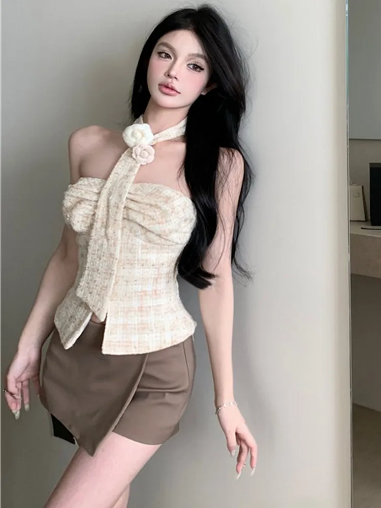 

Кроп-Топ без бретелек с 3D цветами, летний Универсальный Топ без бретелек с уникальным дизайном, Сексуальные облегающие топы, уличная одежда