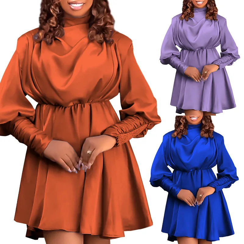 

Summer Elegent African Women Long Sleeve O-neck Polyester Orange Purple Blue Mini Dress African Dresses for Women