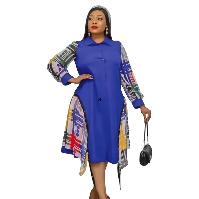 

Blue Green Yellow African Dresses for Women Summer Sexy African Women Long Sleeve Printing Polyester Knee-length Dress L-2XL