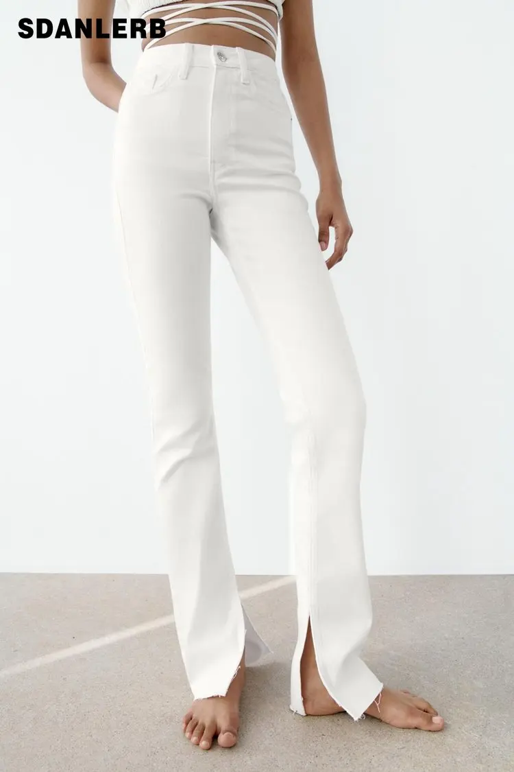

European and American Women's White Denim Pants Summer New Street Style Slit Slim-Fitting Trousers High Waist Flared Jeans