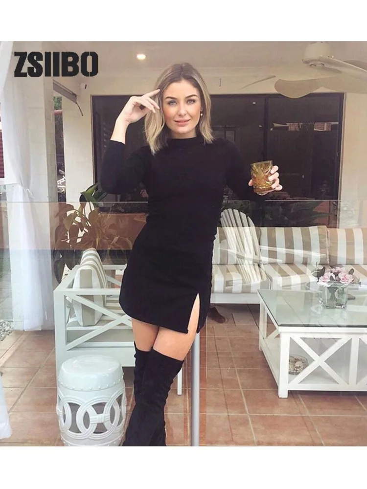 

2022 Autumn and winter new women's round neck long sleeve sexy split fork hip dress black and white vintage