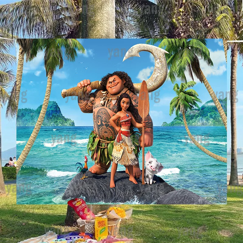 

Lovely Disney Brave Princess Moana Powerful Maui Backdrop Baby Birthday Cartoon Pua Hei Photography Background Party Decoration