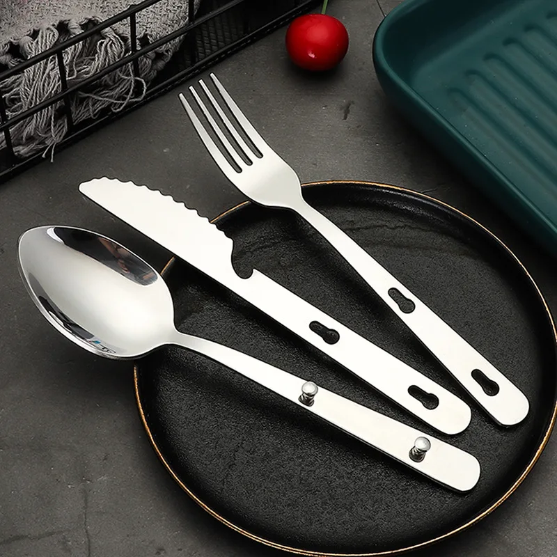 

3-in-1 Outdoor Portable Stainless Steel Cutlery Set Travel Camping Picnic Tableware Knife Fork Spoon Flatware Accessories