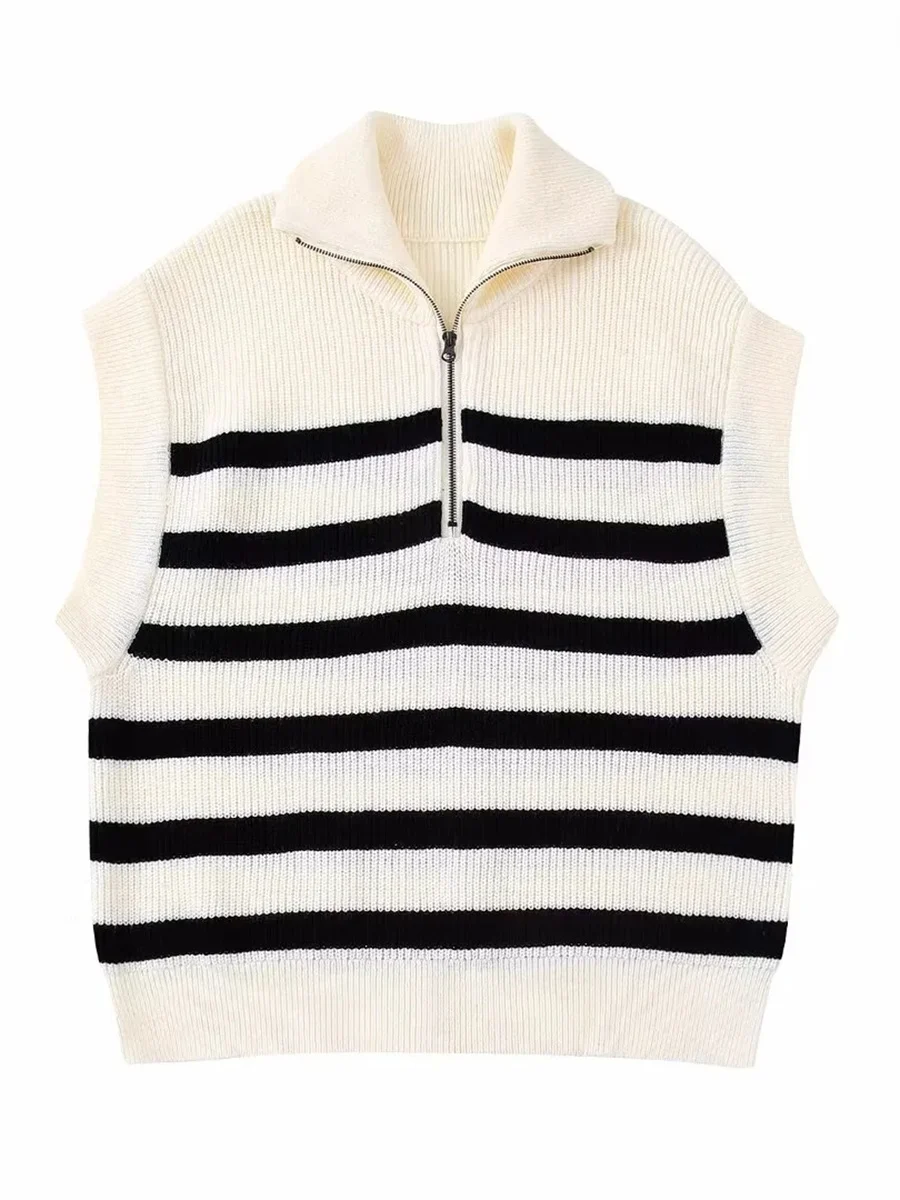 

Женская Трикотажная майка без рукавов, Повседневный свитер в полоску с отложным воротником и молнией, 2022