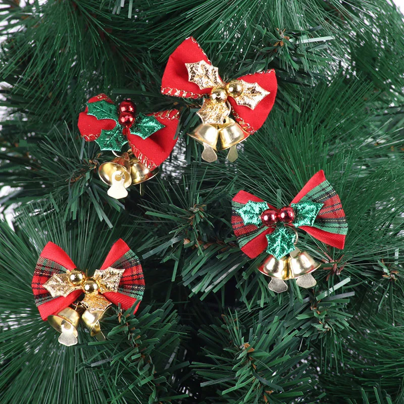 

5Pcs Christmas Bows With Bells Mini Bowknot DIY Craft Gifts Ornaments Xmas Tree Hanging Decor For New Year Party Home Decoration