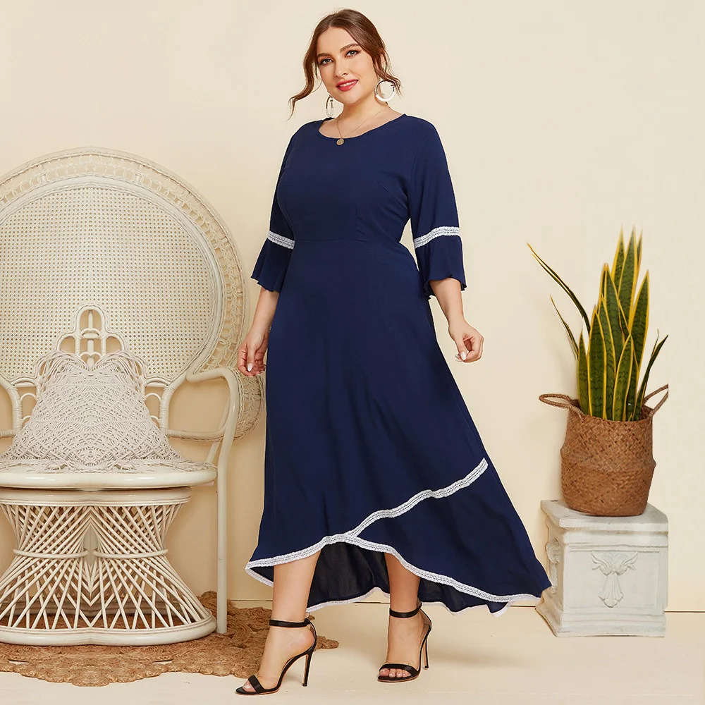 

2022 Spring And Autumn New Dress Women's Lace Stitched Round Neck Middle Sleeve Dress Solid Color Loose Women's Dress
