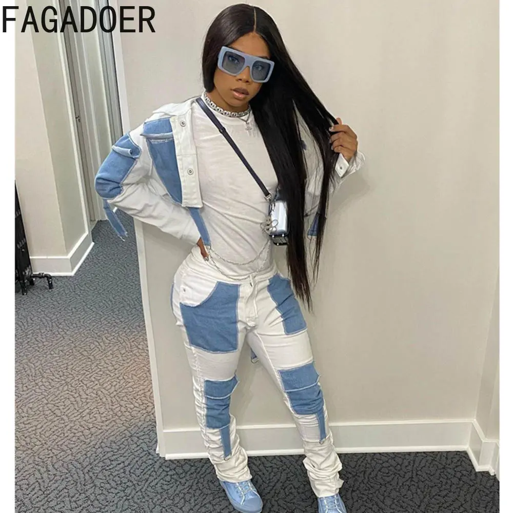 

FAGADOER Fashion Street Cowboy Two Piece Sets Women Long Sleeve Button Coat And Stacked Pants Tracksuits Casual Splicing Outfits