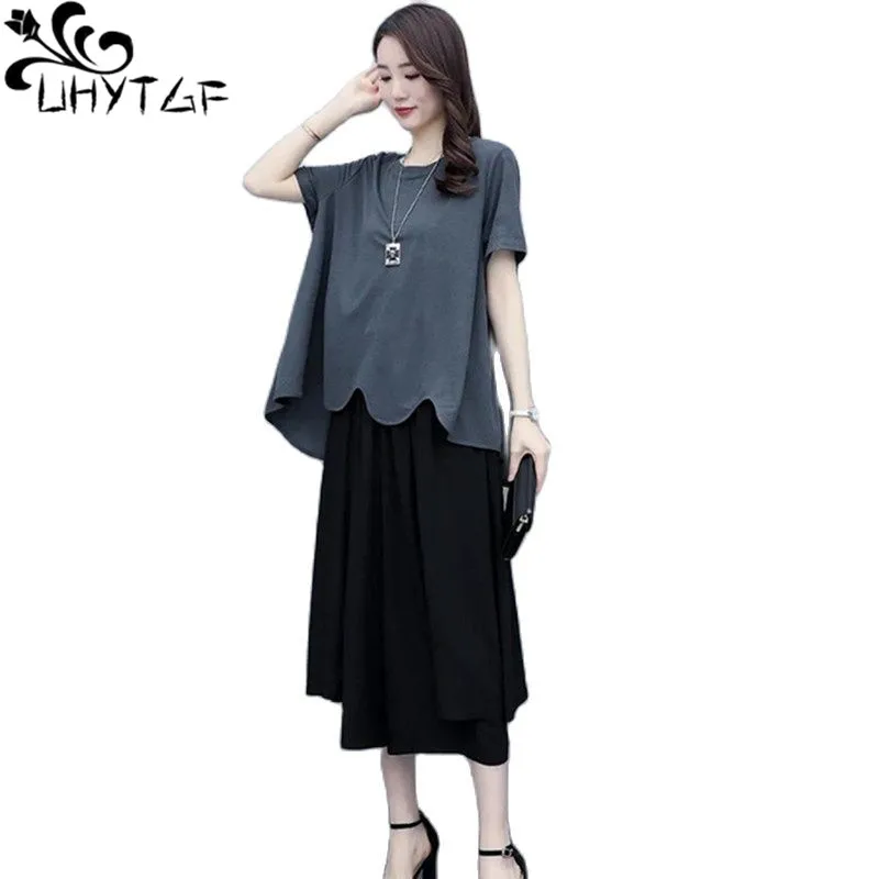 

UHYTGF Women Summer Two Piece Sets 2022 Fashion Black Tops Shirt +Wide Leg Pants Loose Female Tracksuit Elegant Ladies Clothes 2