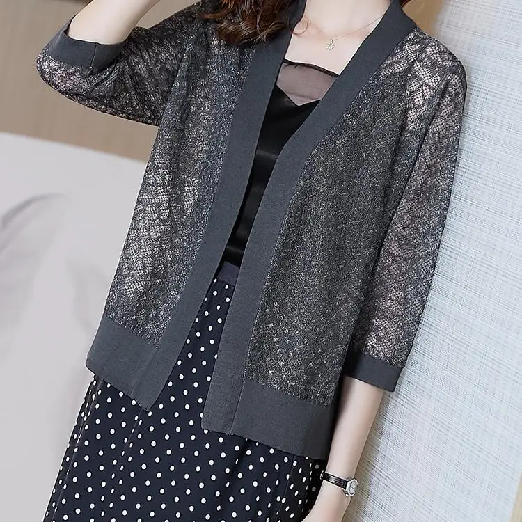 Вязаный кардиган, жакеты с рукавом до локтя, новая модель, большие размеры, Женская Элегантная кофта, новинка 2023, открытые солнцезащитные Топы P254