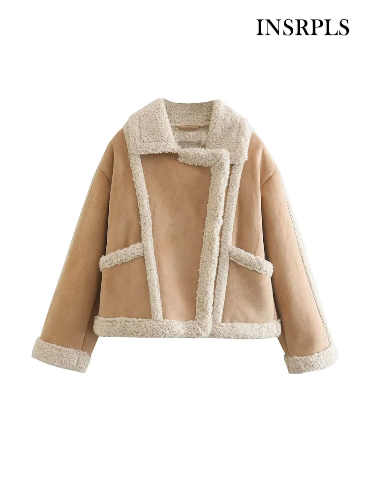 

INSRPLS Women Fashion Thick Warm Faux Shearling Jacket Coat Vintage Long Sleeve Front Pockets Female Outerwear Chic Tops