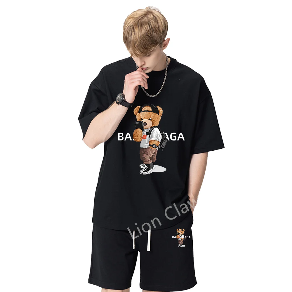 Summer Men Set 2023 Jogging Suit Women Tracksuit Cotton T-shirt Luxury Brand Tee Bear Graphic Print Tshirt + Shorts 2 Piece Sets