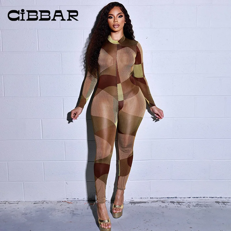 

CIBBAR Skinny Retro Print Mesh Overalls For Women Club Sexy Transparent Long Sleeve Jumpsuits Streetwear Casual Baddie Outfits