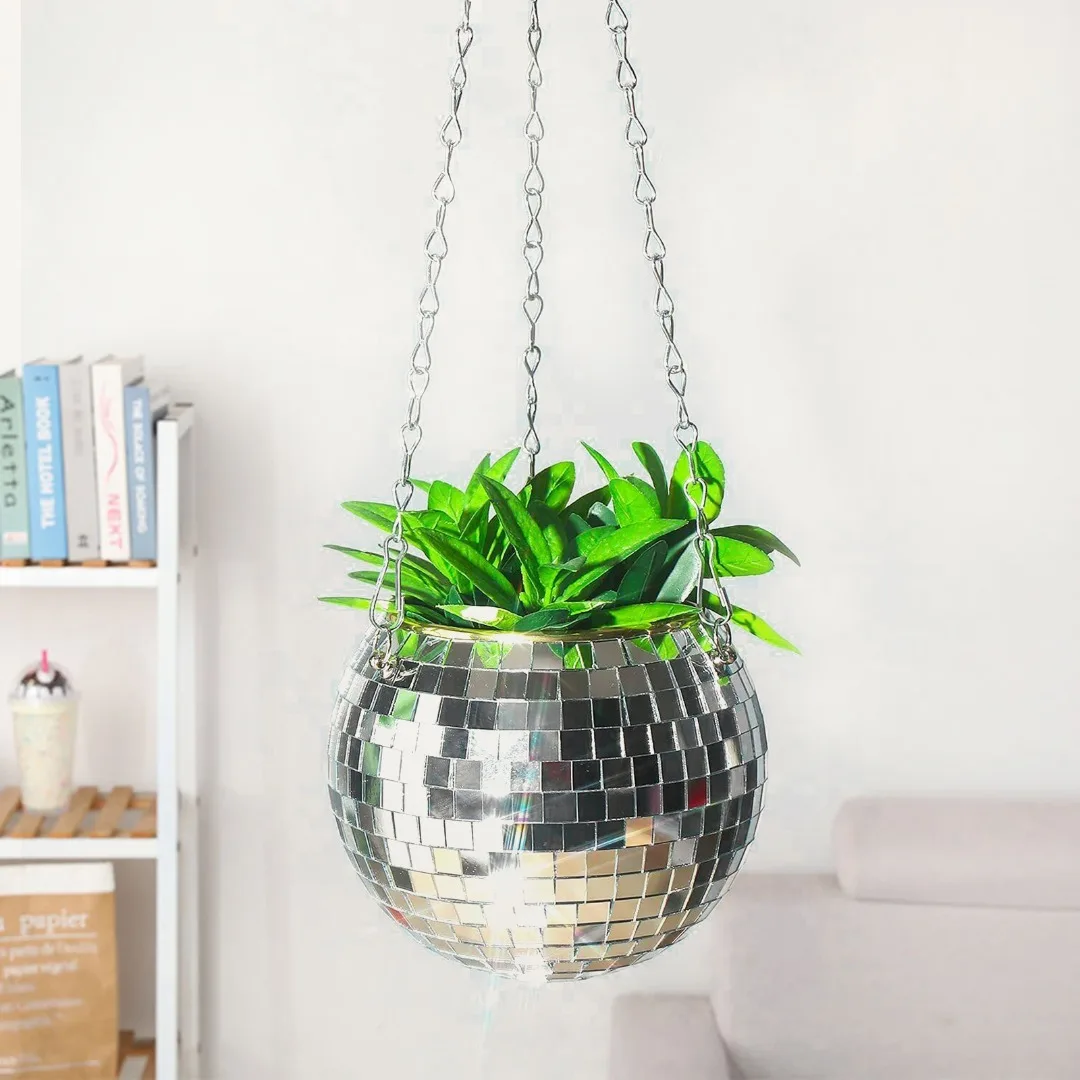 1Pc Garden Plant Pot Mirror Disco Ball Hanging Basket Planter With A Hanging Chain Indoor Outdoor Vase Decor 10cm/15cm/20cm/25cm