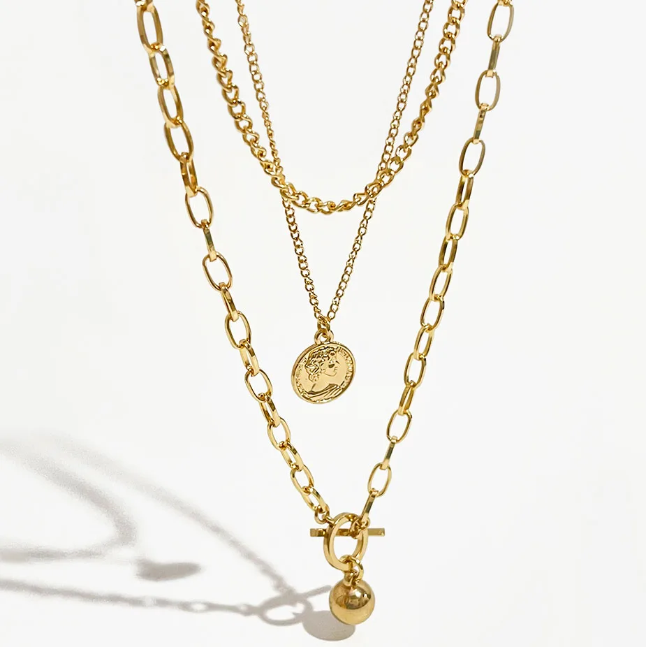 

Peri'sBox Vintage Punk Coin Portrait Necklaces For Women Fashion OT Buckle With Ball Pendant 3 Layered Necklaces Jewelry Trendy