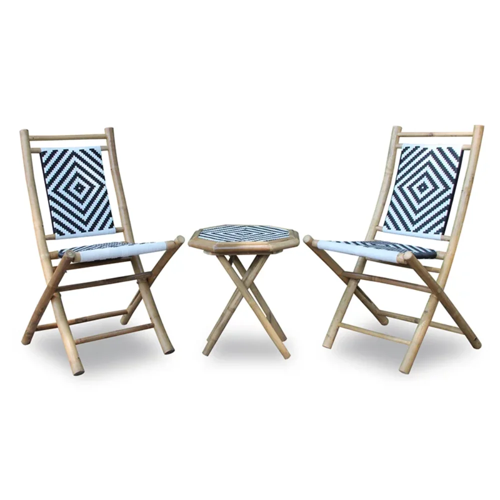 

36' Natural Bamboo Black and White Diamond Weave 2 Chairs and a Table Bistro Set