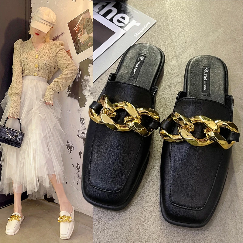 

New Brand Design Gold Slides Women Slipper Closed Toe Slip On Mules Shoes Round Toe Low Heels Casual Slides Flip Flop D2-38