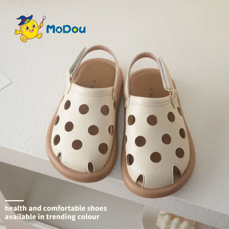 

Mo Dou Girl's Leather Sandals Soft EVA Sole Toe-wrapped Non-slip Cut-outs Back Strap Breathable Cozy Hook and Loop New Arrival