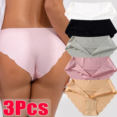 3pcs/Set Women's Seamless Panties Slip Silk Underwear Female Underpants Woman Ruffle Satin Panty Briefs Girl's Wave Panties