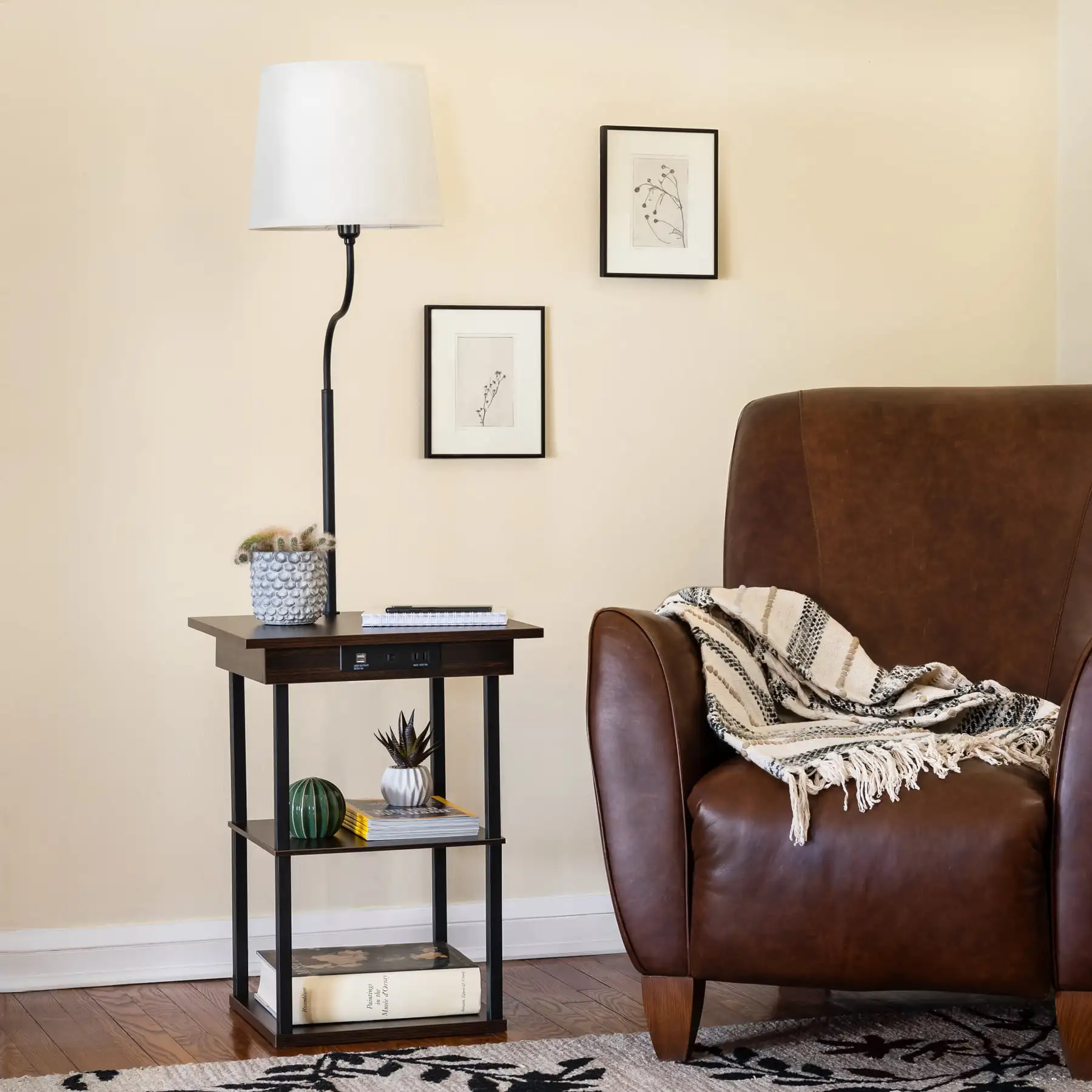 

Free Shipping Square End Table with Lamp AC Power and USB Charging Ports Walnut