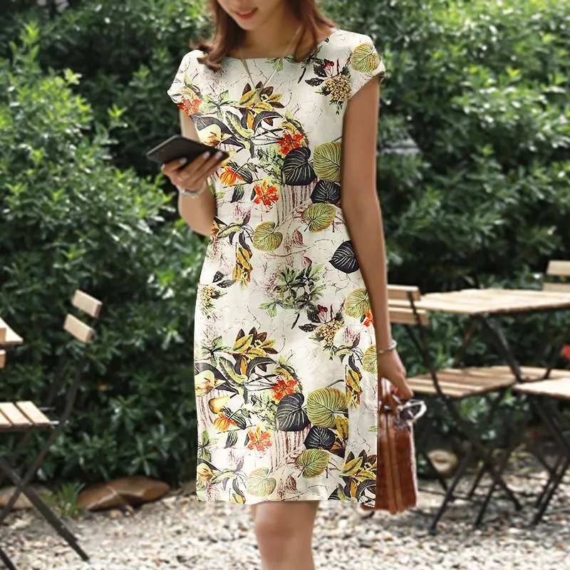

Женское платье на молнии с коротким рукавом, винтажный сарафан с круглым вырезом и цветочным принтом, элегантное офисное платье миди, лето 2023